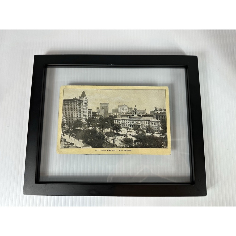 VINTAGE FRAMED NEW YORK CITY & HALL SQUARE PARK BROADWAY POSTCARD